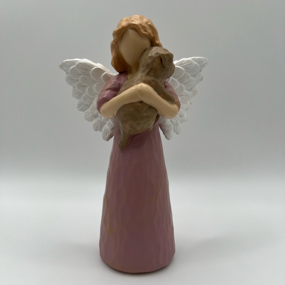 Pink Guardian Angel Figurine Holding Puppy - Decorative Home Art